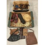 2 boxes of vintage leather handbags, purses and clothing accessories.