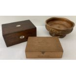 3 vintage wooden items to include a mahogany box with pearl inlay and escutcheon.