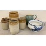 4 vintage stoneware jars together with a ceramic Jug by Denby and a blue and white chamber pot.