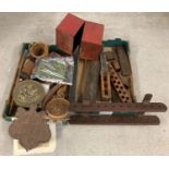 2 boxes of vintage wooden & metal items to include a hanging pipe rack & Victorian writing slate.