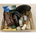 A box of mixed vintage items to include wooden stands, leather cased lawn bowls & onyx trinket box.