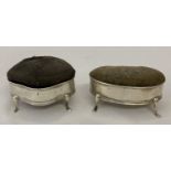 2 Edwardian 3 footed silver pin cushions with blue fabric cushions (worn), both fully hallmarked.
