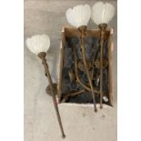 5 matching torch style bronze effect wall lights, 3 with frosted glass shades.