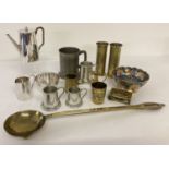 A small quantity of vintage metal ware items to include James Dixon & Co 3 piece coffee set.