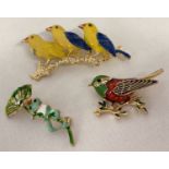 3 enamel and stone set costume jewellery brooches in the shape of birds & a frog.