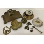A small quantity of vintage metal ware items, to include a desk stand, barometer & padlock with key.