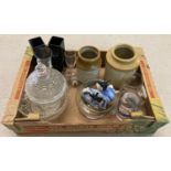 A box of assorted vintage glass and ceramic items.