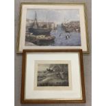 A vintage framed and glazed print by Vernon Ward. A harbour scene with seagulls in flight.