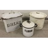 2 vintage enamel bread bins together with a smaller enamel flour bin.