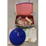 A vintage Foxcraft ladies suitcase containing a quantity of assorted lacemaking accessories.