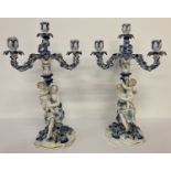 2 antique continental blue and white porcelain 3 arm candelabras.