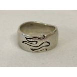 A men's silver Mahmon band ring with flame design. Full hallmarks to inside of band.