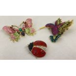 3 enamel and stone set costume jewellery brooches in the form of insects & a bird.