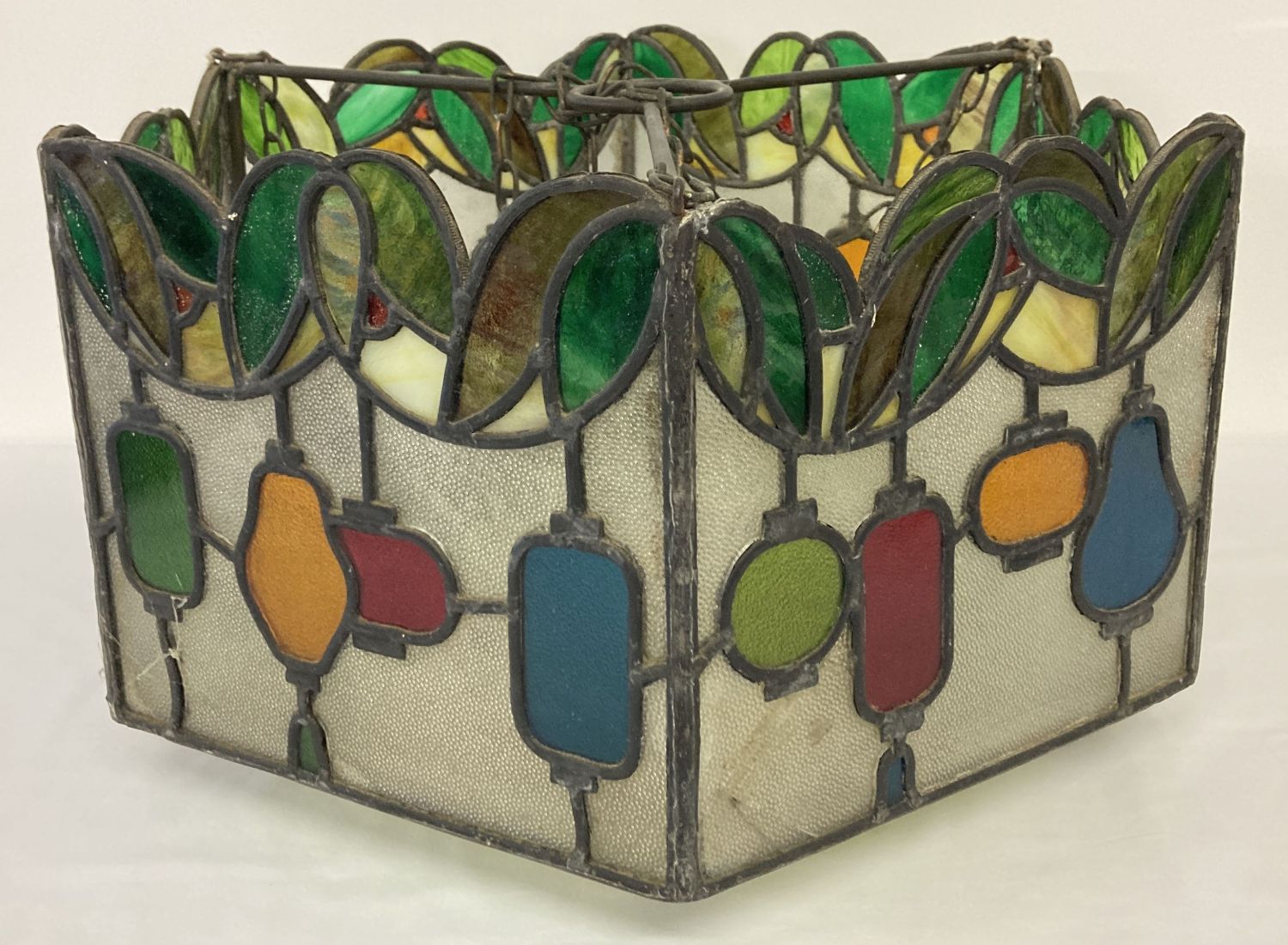 A vintage hexagonal shaped leaded stained glass ceiling pendant light shade.