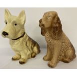 2 Sylvac ceramic dog figurines. A brown spaniel and a yellow and brown terrier.
