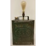A vintage Esso 2 gallon petrol can with original brass screw lid, converted into an electrical lamp.