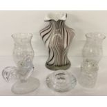 A collection of vintage and modern glassware to include rooster figurine & hurricane lamps.
