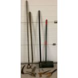 A collection of vintage & modern garden and workshop tools to include hoe's, shears & hand scythe.
