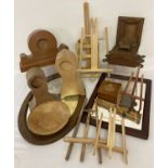 A collection of vintage and modern wooden items.
