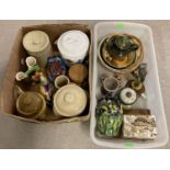 2 boxes of vintage and modern ceramics to include teapots, storage jars and studio pottery items.