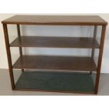 A vintage wooden cased display cabinet with 3 glazed sides, open back and 2 interior shelves.