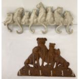 2 cast metal novelty wall hanging hooks, one with cat detail; the hooks in the form of their tales.