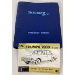 2 vintage Triumph 2000 automobile manuals. A blue foldered workshop manual together with an