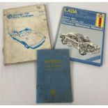 3 vintage car manuals. A Triumph TR7 parts catalogue, Lada 1974 to 1983 Haynes manual and an