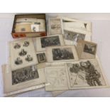 A box of assorted vintage and Victorian black & white prints and etchings. Mostly plates removed