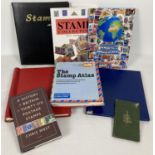 A box of vintage and modern stamp stock books and books relating to stamp collecting. To include