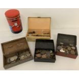 4 vintage money boxes and cash tins containing a collection of vintage British and world coins and