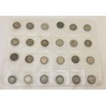 A collection of 24 antique and vintage silver and half silver 3 pence coins. Sovereign heads of