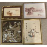 4 framed & glazed Oriental pictures to include embroidered silk & watercolours. Largest approx. 45.