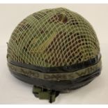 British GS Mk6 helmet with chinstrap and camo cover, net and US elastic cover band. Band has "Who