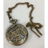 A boxed modern quartz bronzed effect pocket watch with motorcycle detail, complete with chain and