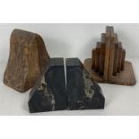 3 pairs of vintage wooden and marble bookends. An oak Art Deco pair, a black & brown marble pair and