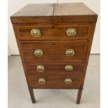 An antique mahogany 3 drawer, top opening Campaign Chest raised on 4 square legs. With stationary