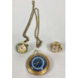 3 vintage and modern pendant watches. Blue and gold ball style cased watch by Smiths, a gold tone