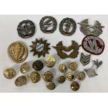 A collection of vintage & modern military buttons and badges. To include: German BRD slider backed