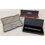 3 boxed ball point pens and pen sets. A Deft in a gunmetal grey brushed finish, a Rotring in green