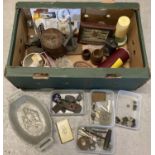 A box of assorted misc vintage and antique items. To include: buttons, treen, pewter items,
