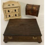 3 assorted vintage wooden boxes to include a 2 drawer chest with painted cat design and a dark