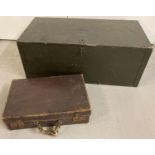 A painted metal banded wooden US military storage box with carry handles. Together with a small