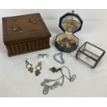 3 vintage jewellery/trinket boxes and contents. An olive wood box with secret compartment, inlaid