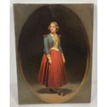An antique oil on canvas of Jenny Lind playing the character of "Maria" in the opera "La Figlia
