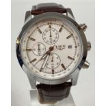 A men's chronograph wrist watch by Lige with brown leather strap. Stainless steel case with white