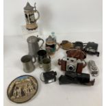 A box of assorted misc vintage items to include ceramics, cameras & metal ware. Lot includes a cased