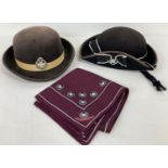 2 vintage Salvation army uniform hats complete with metal badges to front together with a maroon,