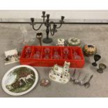 A mixed collection of vintage ceramics, glassware and metalware. Coalport pastille burner,