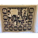 A large antique Burmese Kalaga embroidered wall hanging depicting traditional figures & Chinthe.